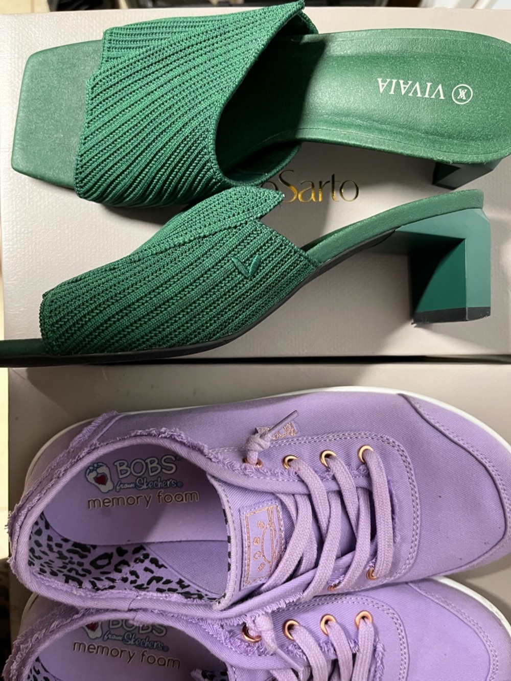 2 pairs green VIVAIA mules sz 38(7.5)/BOBS Lavender Slip-On Shoe Sz 7
